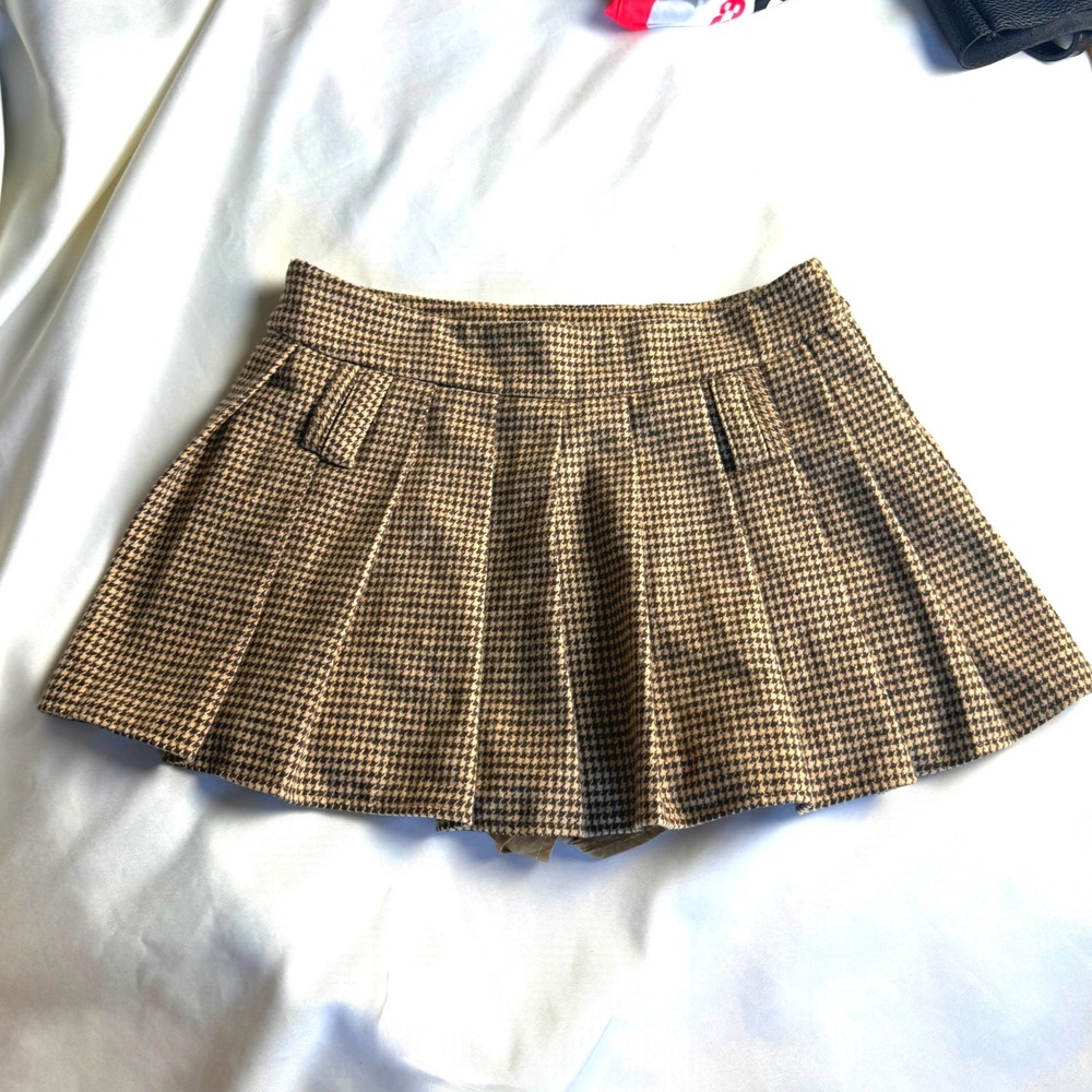 Commense Brown Houndstooth Pleated Skort Mini Skirt Size S OA230828029